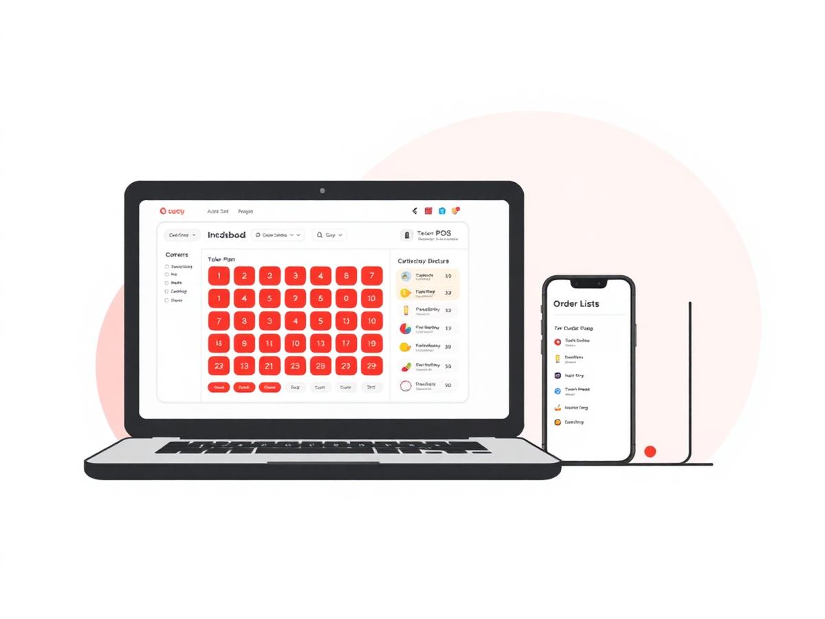 Restaurant POS dashboard showing a table floor plan with live table status and a phone with the live order list